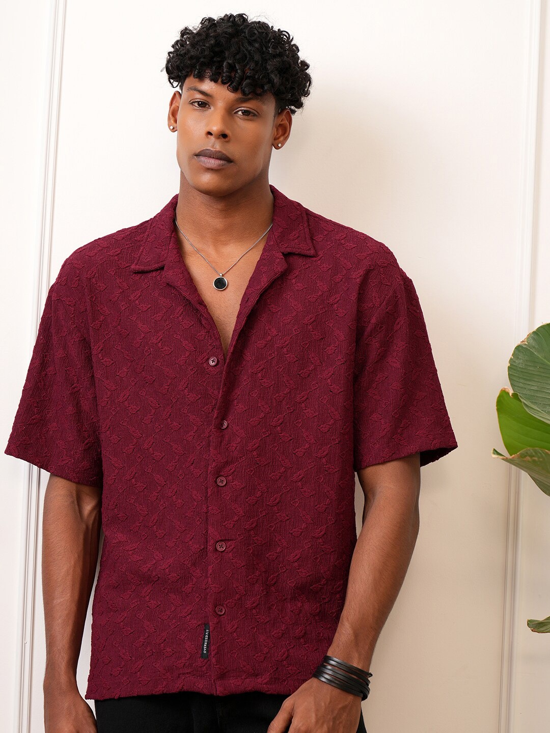 

LOCOMOTIVE Men Premium Wine Knitted Textured Cuban Collar Oversized Shirt, Maroon