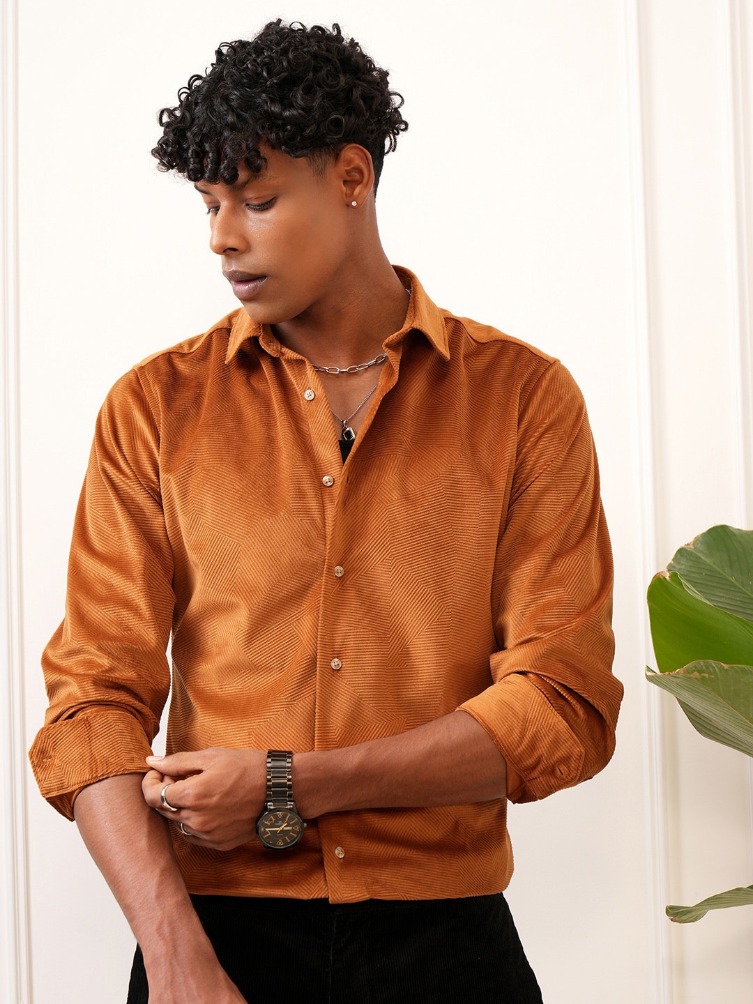 

LOCOMOTIVE Men Premium Cord Textured Evening Party Shirt, Rust