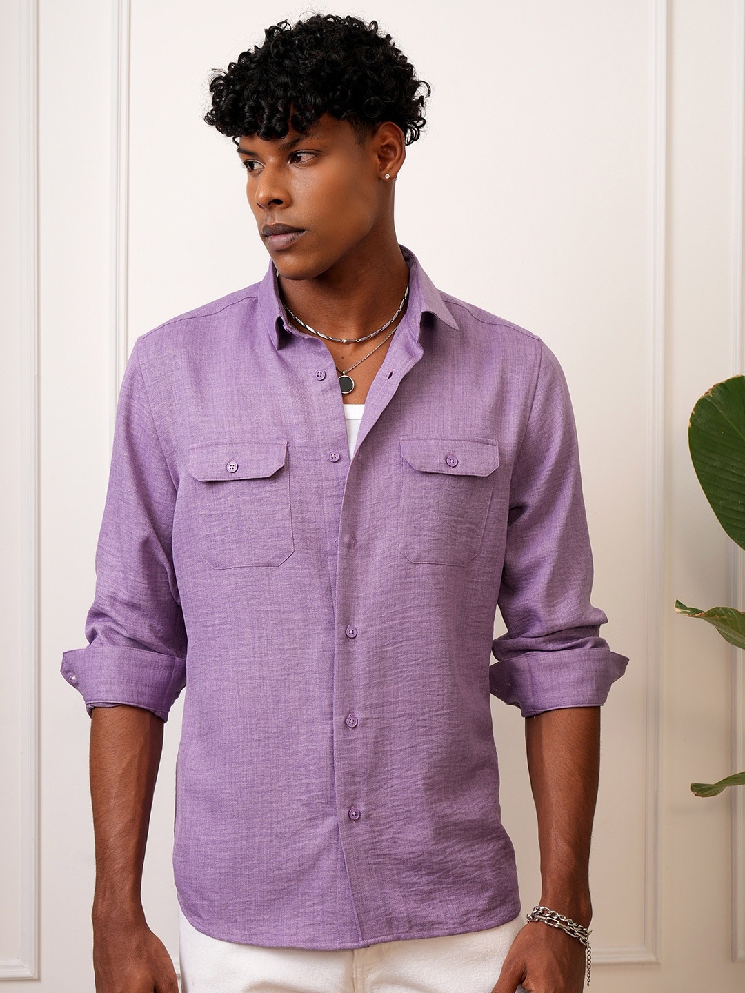 

LOCOMOTIVE Men Premium Linen Solid Utility Pocket Shirt, Lavender