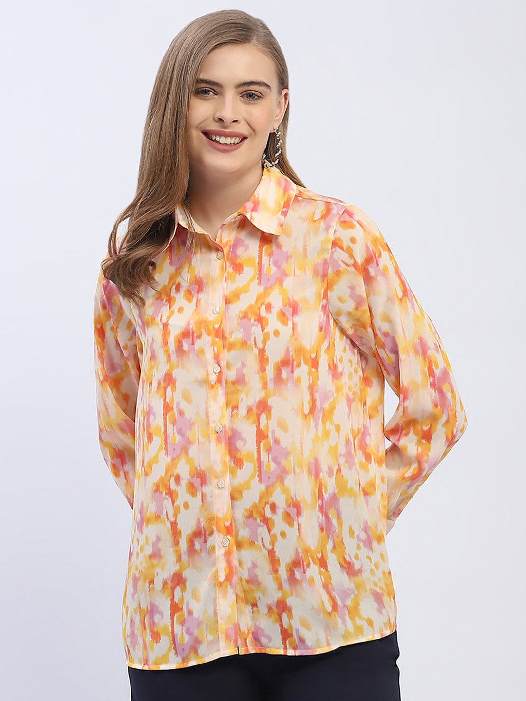 

Madame Women Opaque Printed Casual Shirt, Orange