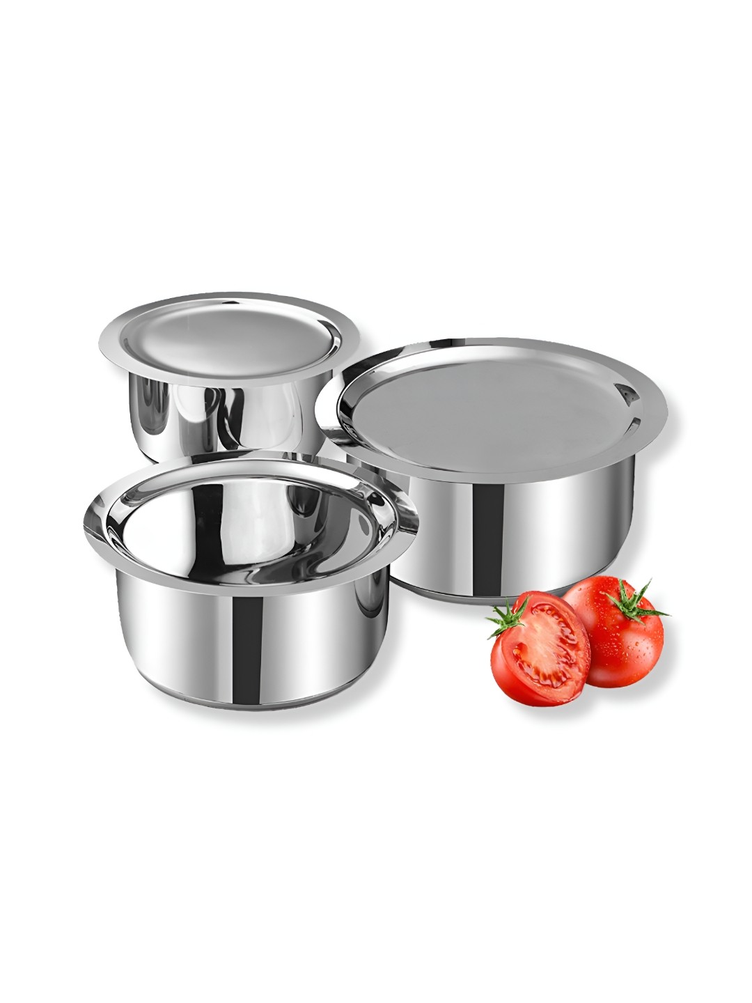 

Vinod Silver-Toned 3 Pieces Stainless Steel Dishwasher Safe Tope Set Cookware