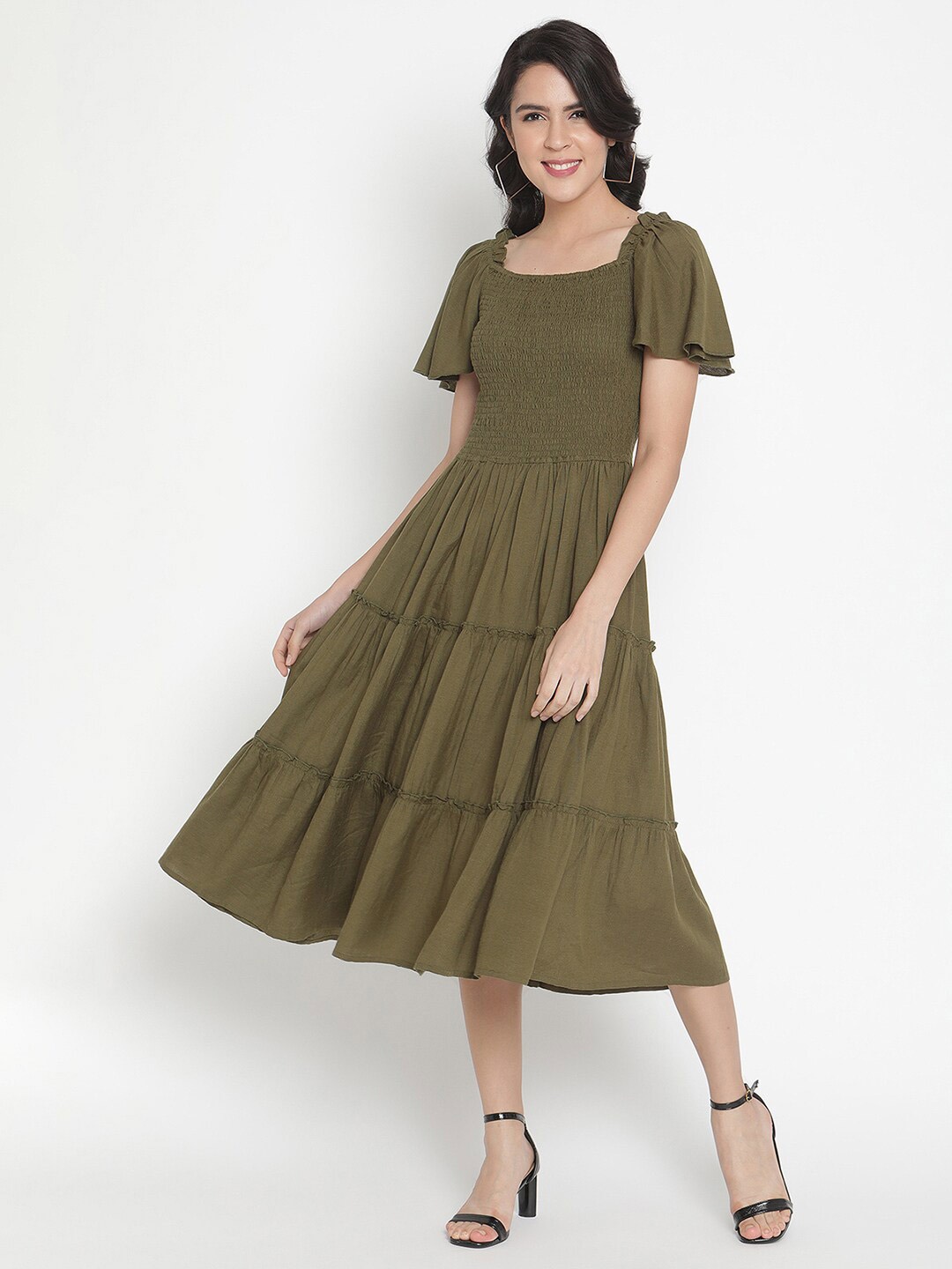 

THREAD MUSTER Flared Sleeve Fit & Flare Midi Dress, Olive