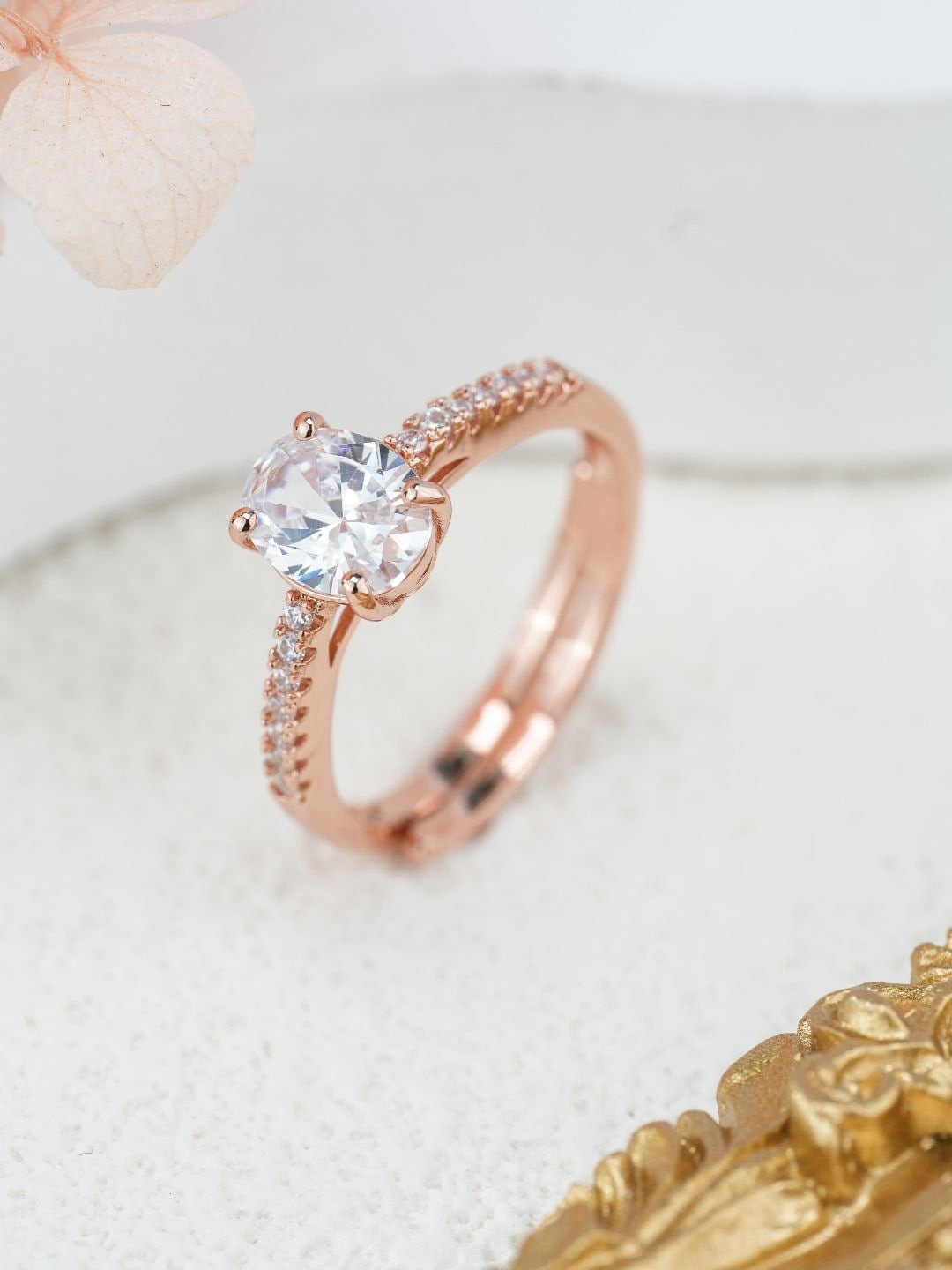 

MISS JO 92.5 Sterling Silver Rose Gold-Plated Stone-Studded Solitaire Finger Ring
