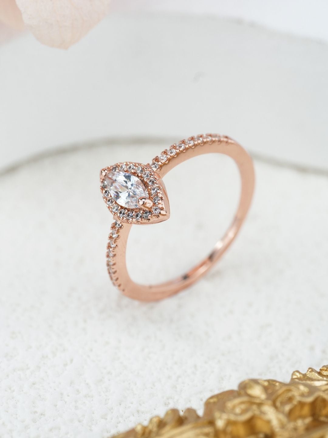 

MISS JO 92.5 Sterling Silver Rose Gold Plated Stone Studded Finger Ring