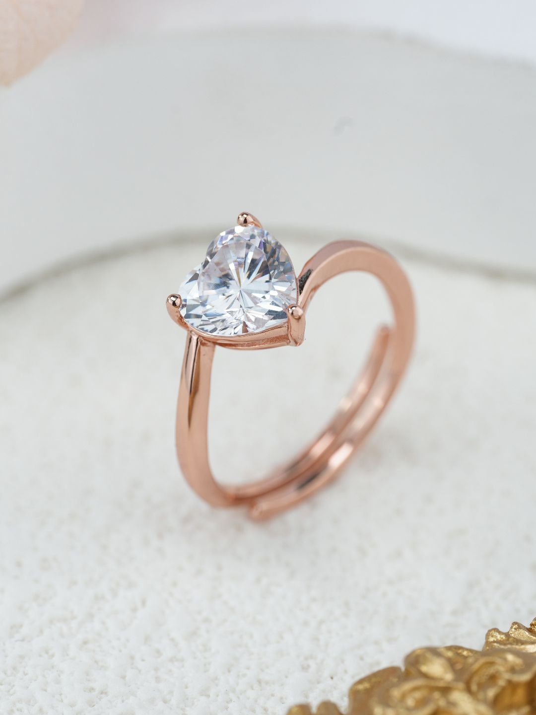 

MISS JO 92.5 Sterling Silver Rose Gold-Plated Stone-Studded Heart-Shaped Finger Ring