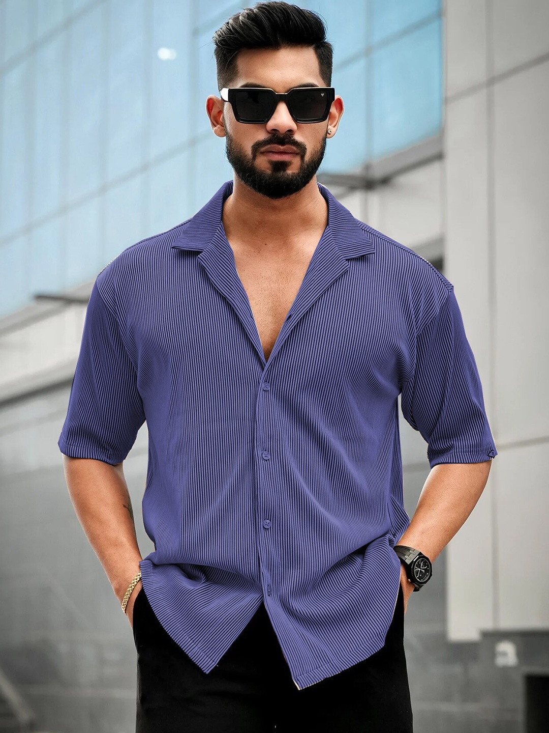 

CLAFOUTIS Men Cuban Collar PU Coated Raw Edge Shirt, Blue