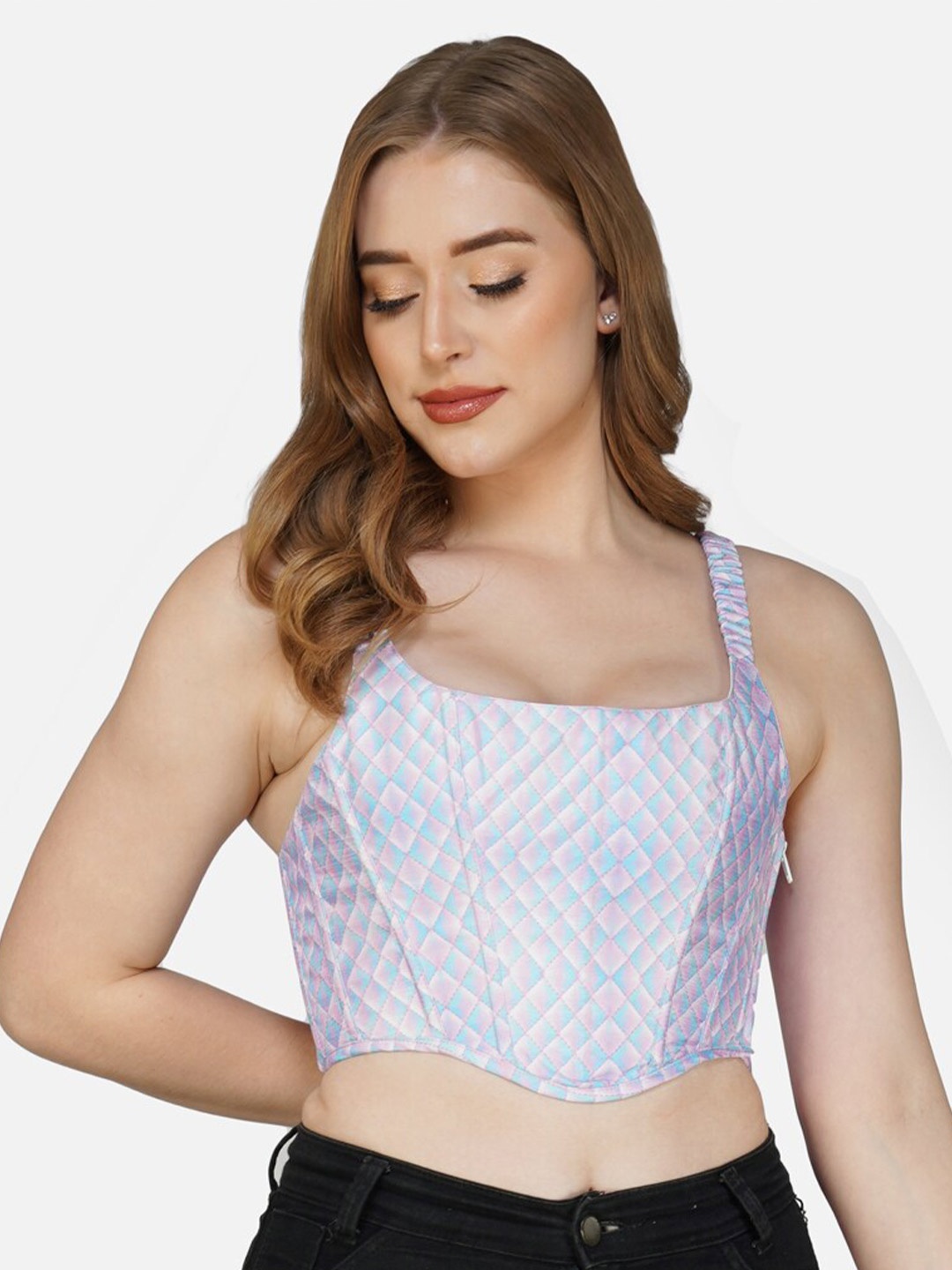 

Bunny Corset Geometric Printed Fitted Crop Top, Blue