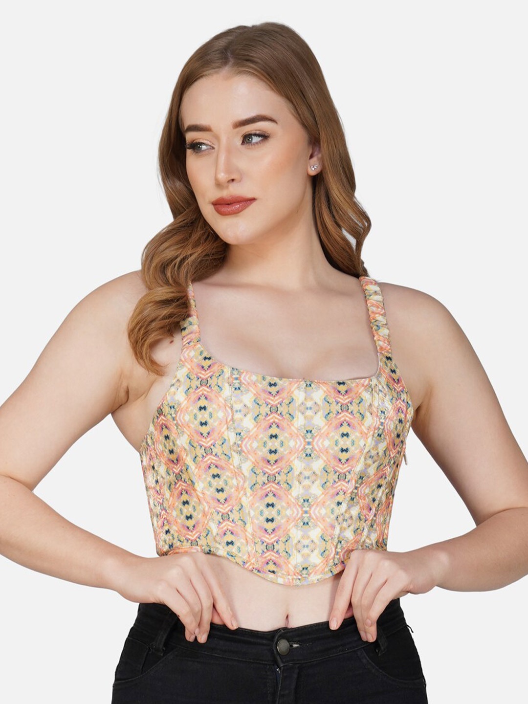 

Bunny Corset Abstract Printed Fitted Crop Top, Beige