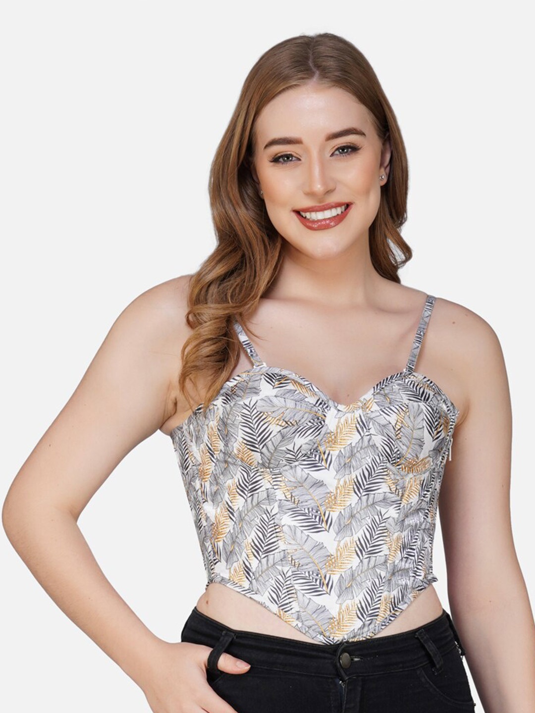 

Bunny Corset Tropical Printed Fitted Crop Top, White