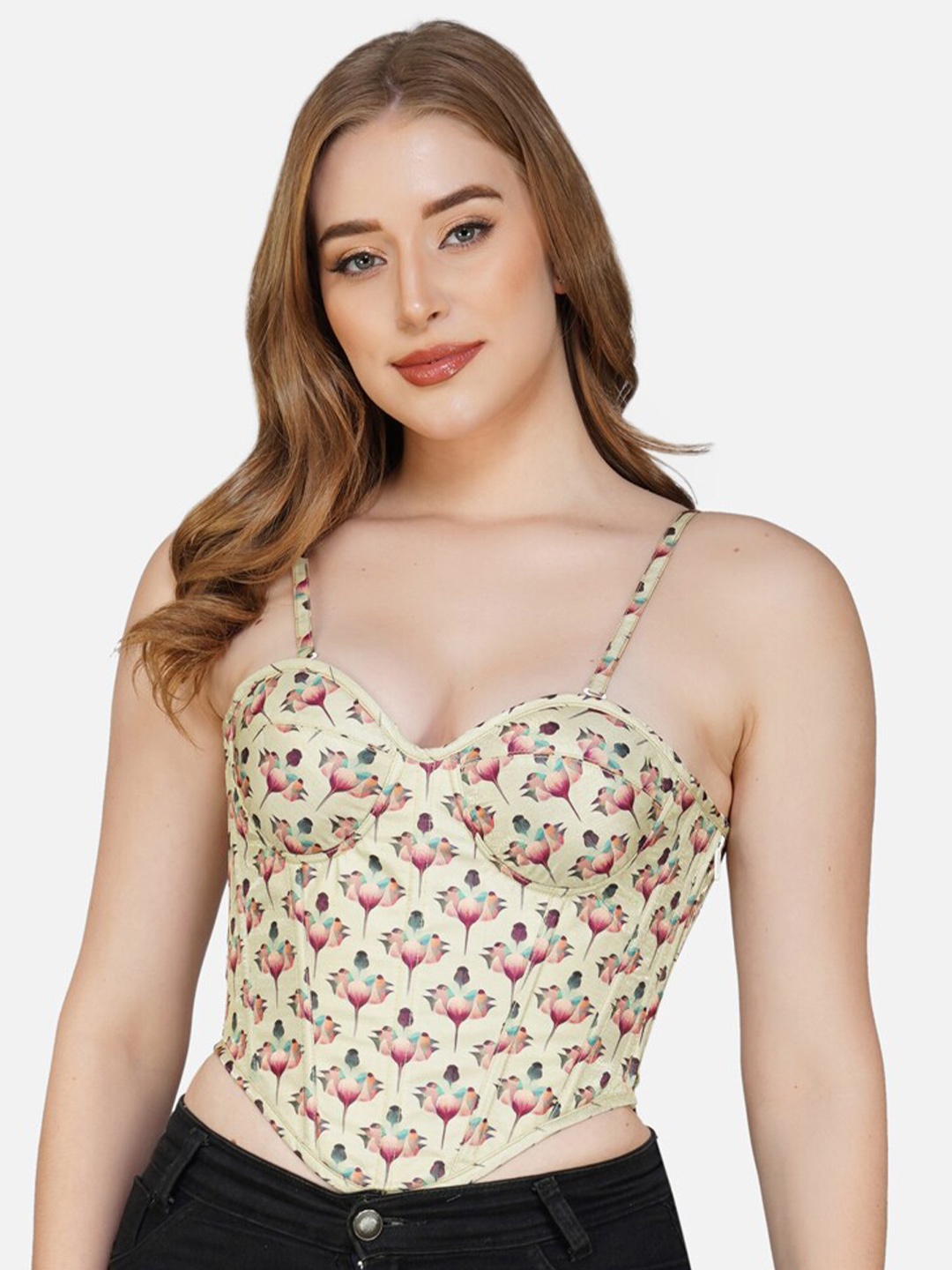 Bunny Corset Floral Printed Fitted Crop Top, Beige