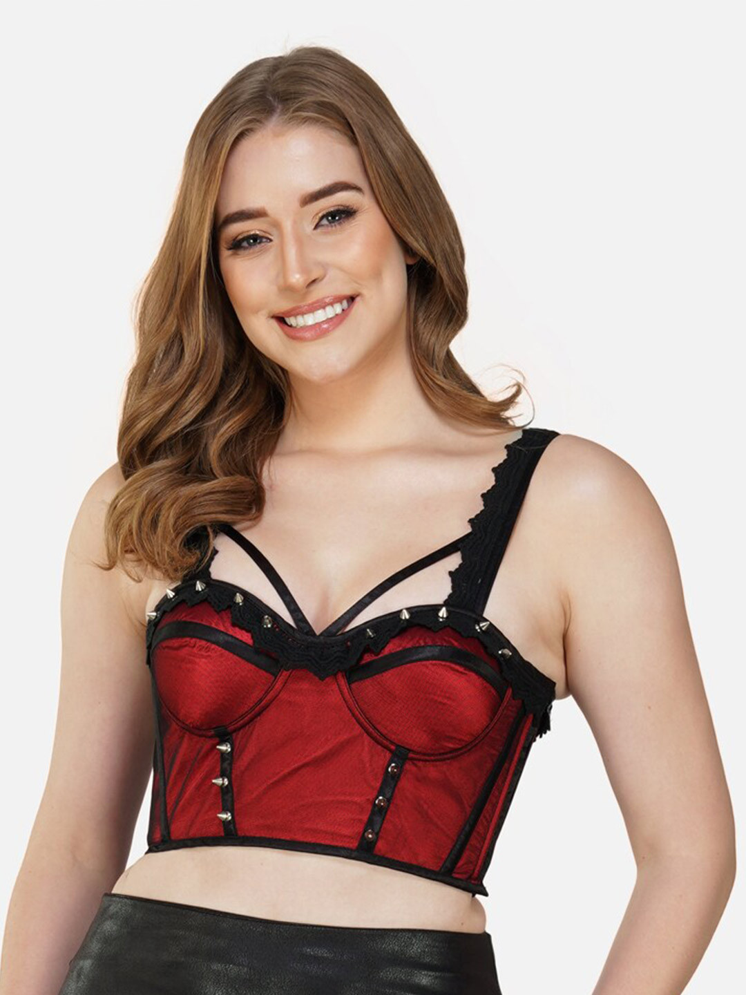 

Bunny Corset Sweetheart Neck Studded Bralette Crop Top, Red