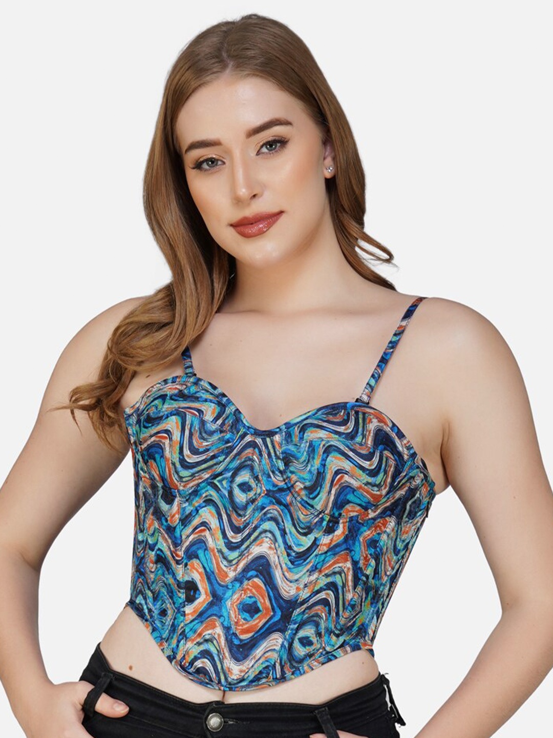 

Bunny Corset Abstract Printed Fitted Crop Top, Blue