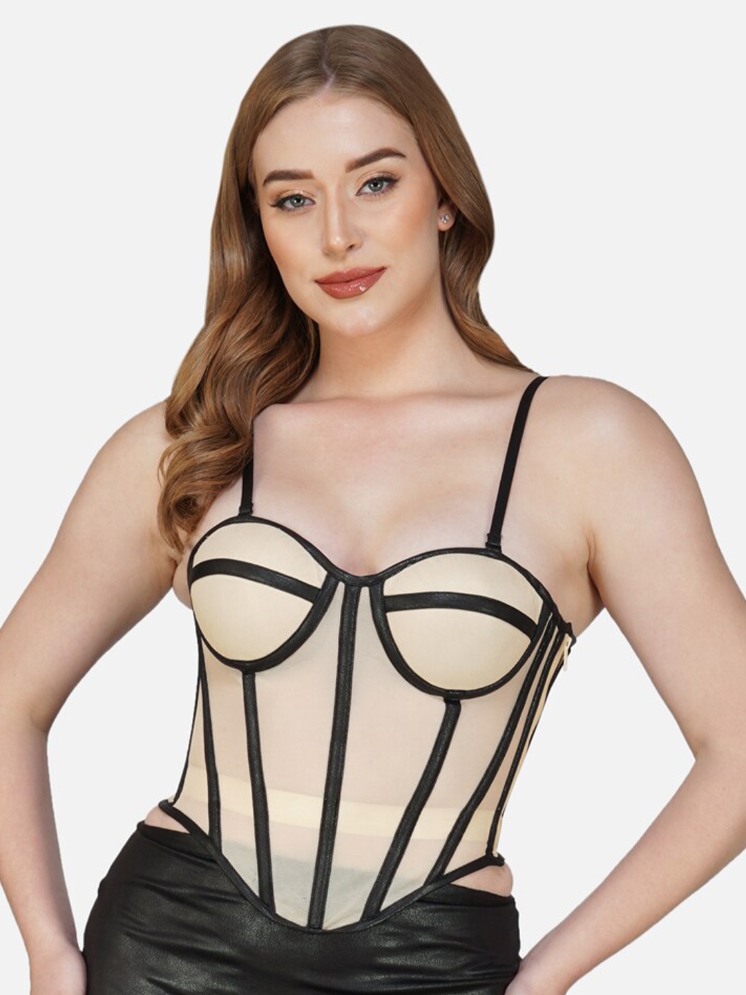 Bunny Corset Sleevless Sheen Bralette Crop Top, Nude