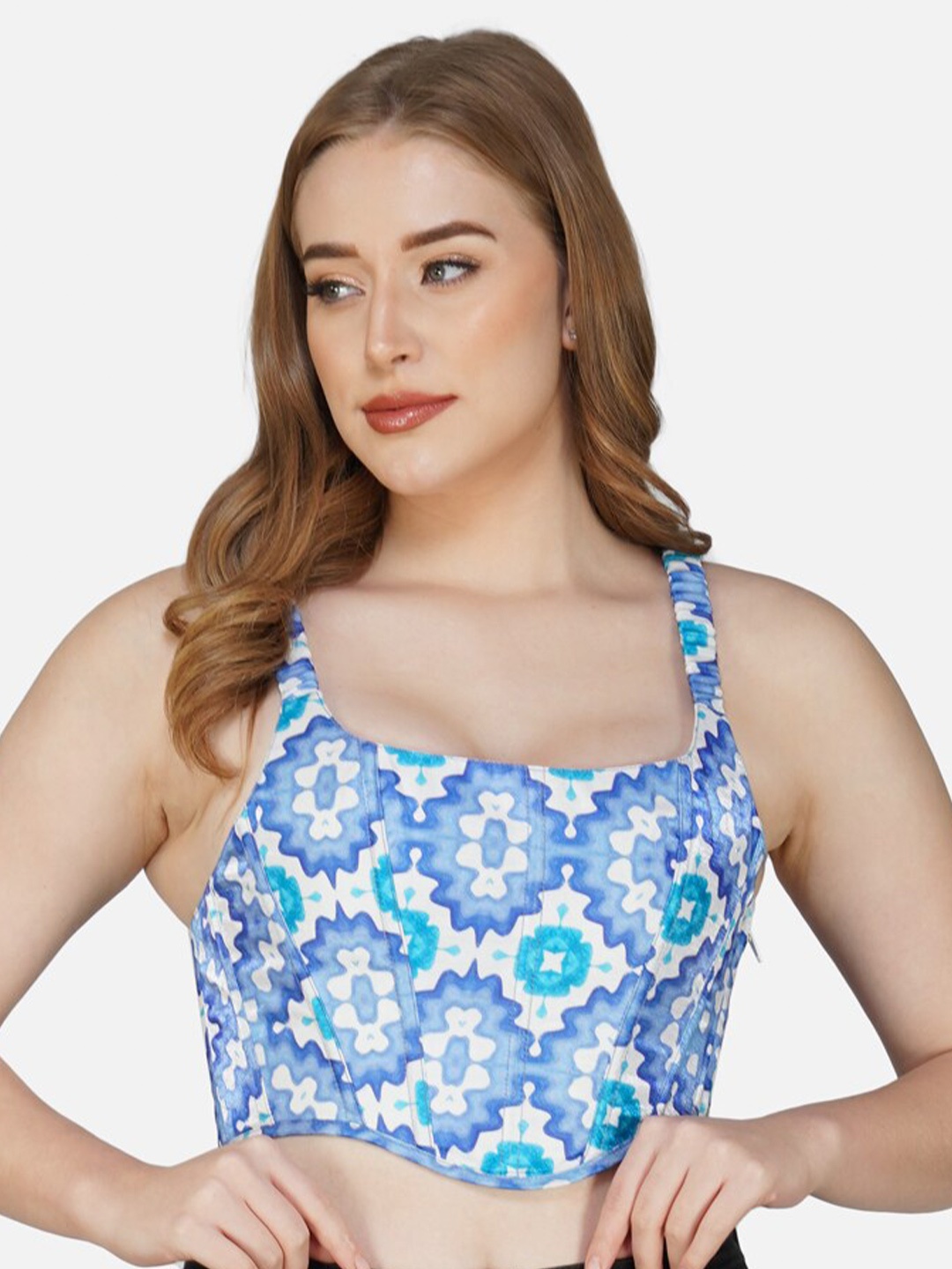 

Bunny Corset Abstract Printed Fitted Crop Top, Blue