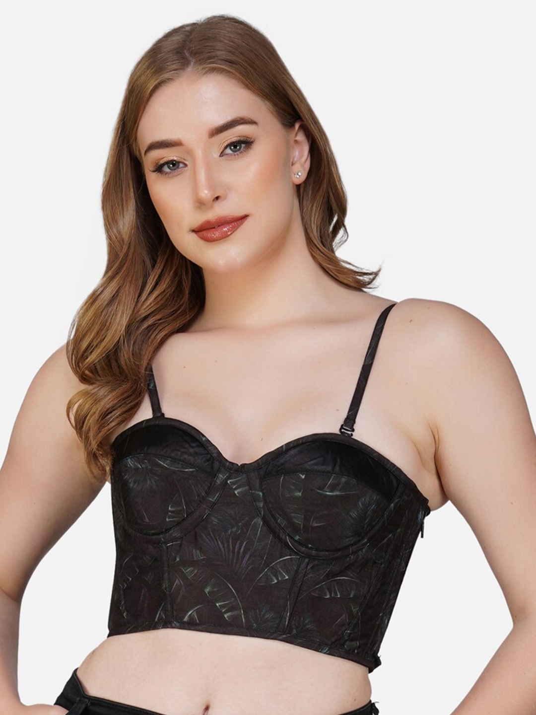 

Bunny Corset Tropica Printed Sweetheart Neck Crop Fitted Top, Black