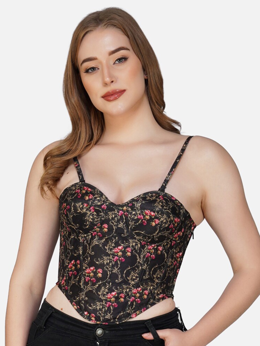 Bunny Corset Floral Printed Fitted Crop Top, Black
