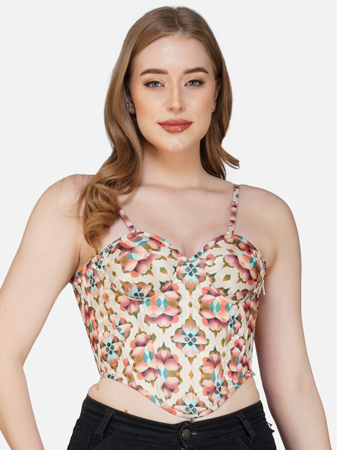 Bunny Corset Floral Printed Fitted Crop Top, Beige