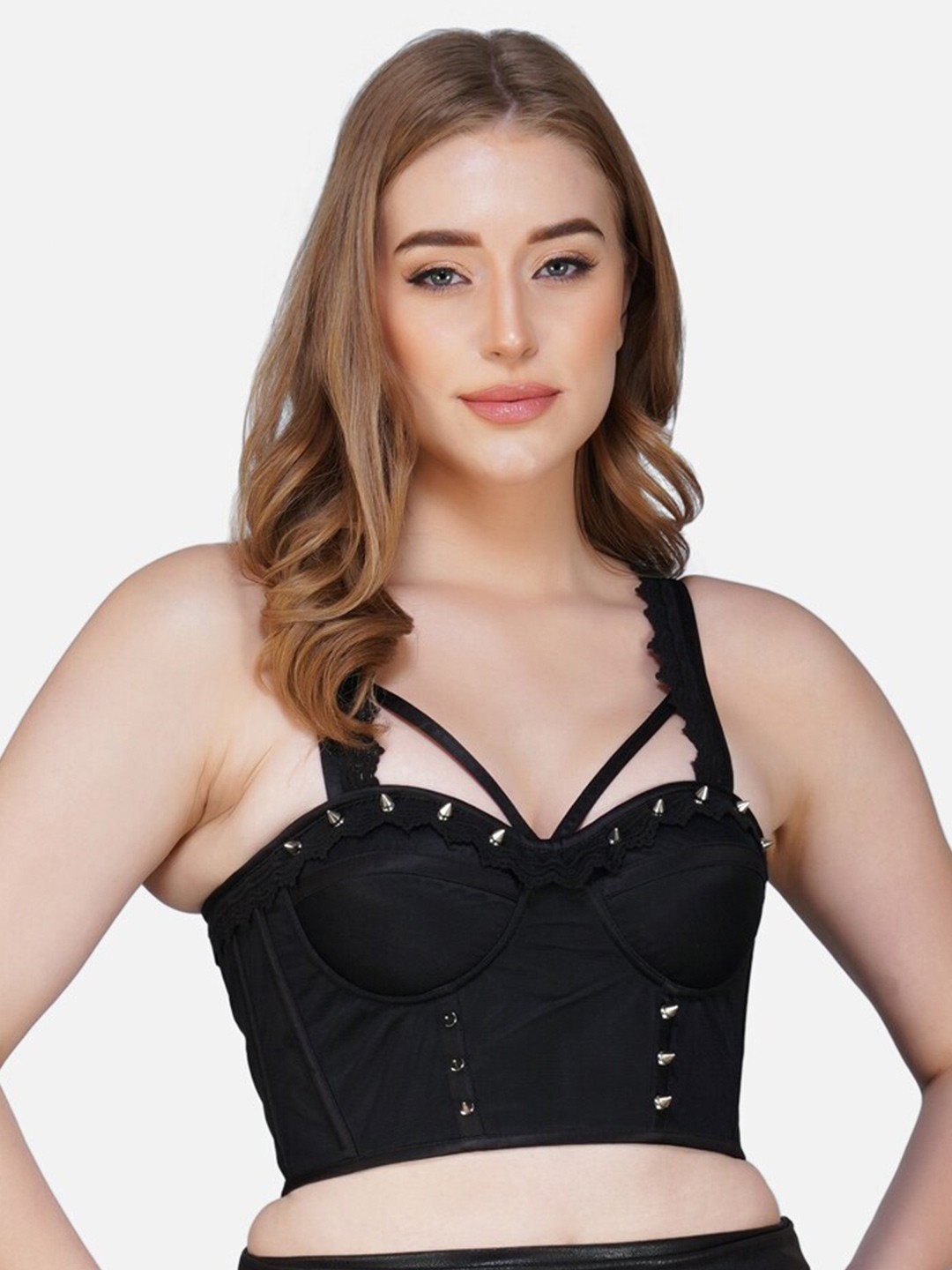 

Bunny Corset Sweetheart Neck Studded Bralette Crop Top, Black