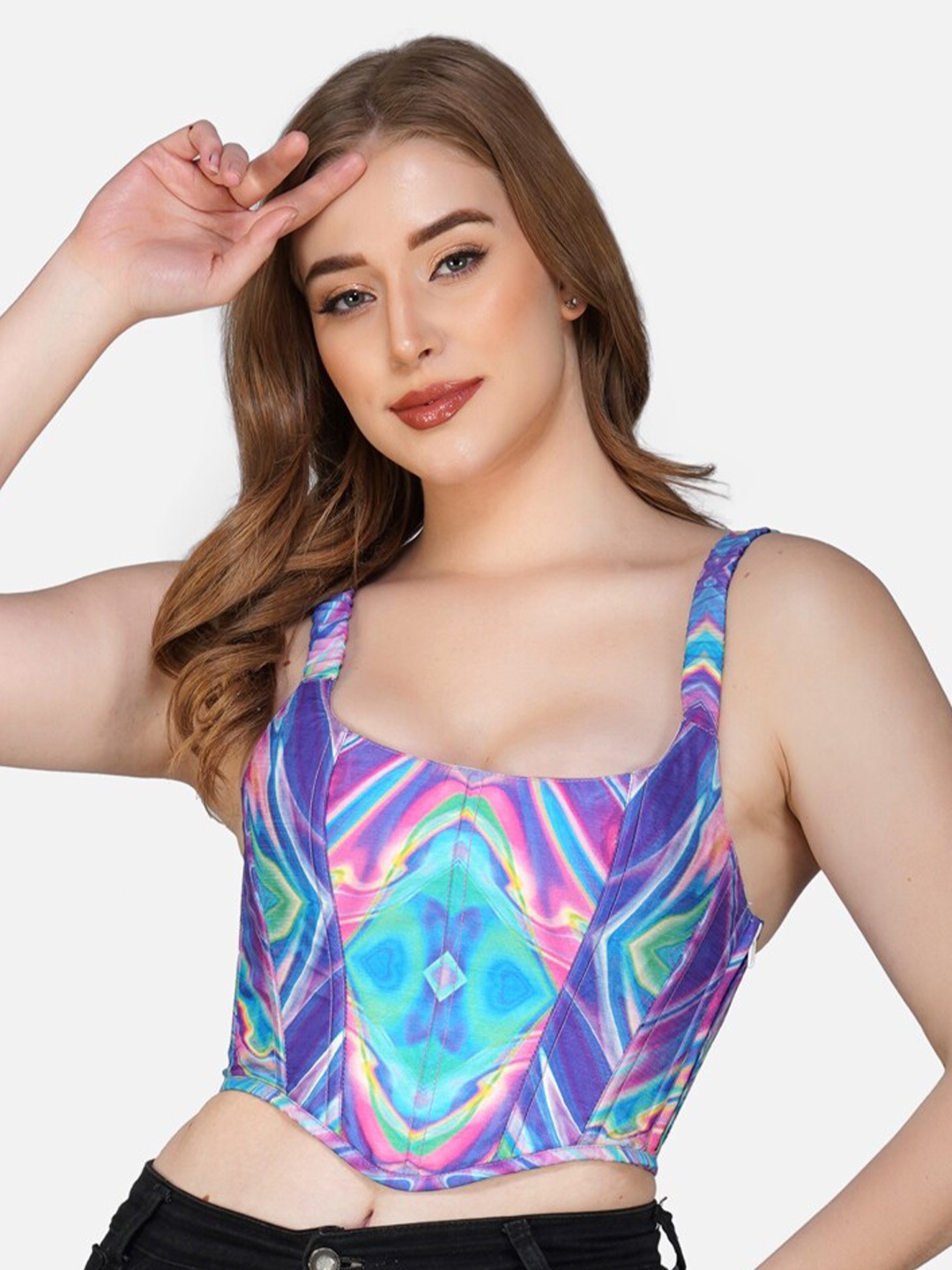 

Bunny Corset Abstract Printed Fitted Crop Top, Blue
