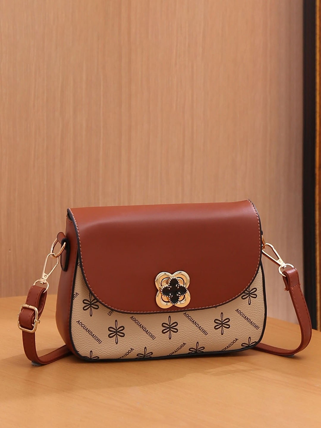 

Diva Dale Printed PU Structured Handheld Bag with Cut Work, Brown