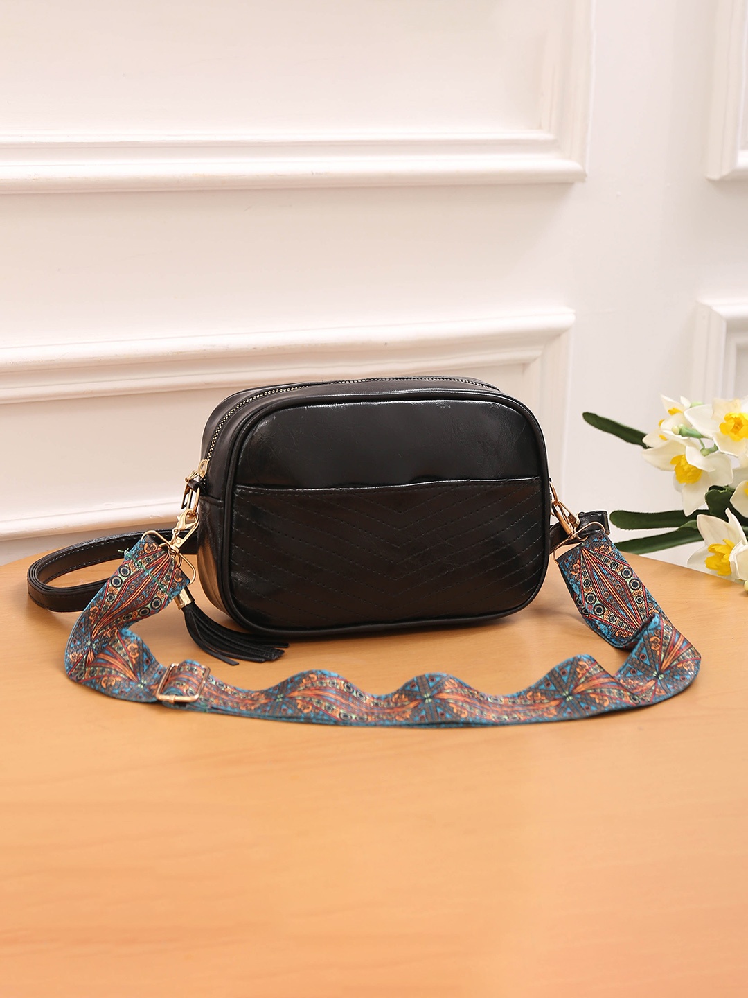 

Diva Dale Textured PU Swagger Sling Bag with Tasselled, Black