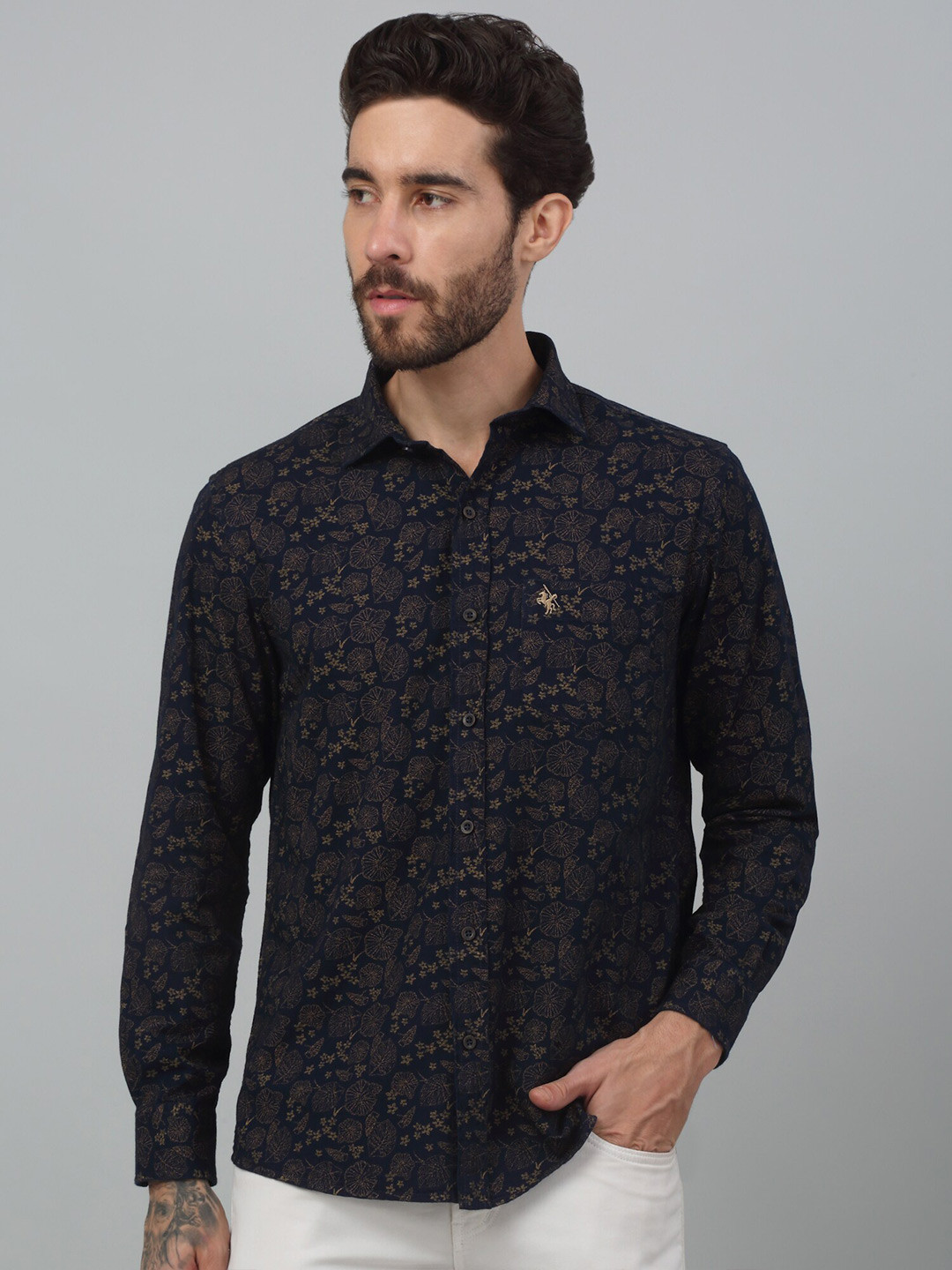 

Cantabil Men Comfort Floral Opaque Printed Casual Shirt, Navy blue