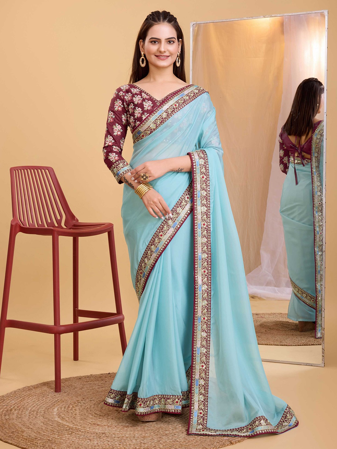 

HERE&NOW Sequinned Organza Saree, Blue