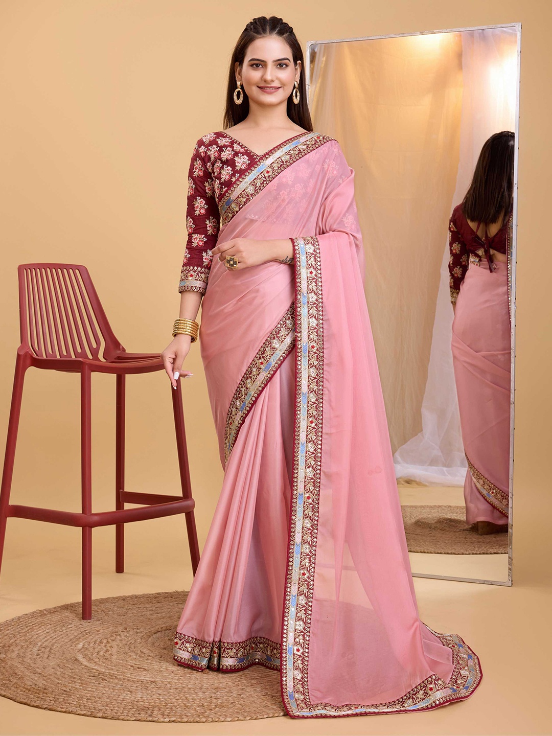 

HERE&NOW Sequinned Organza Saree, Pink