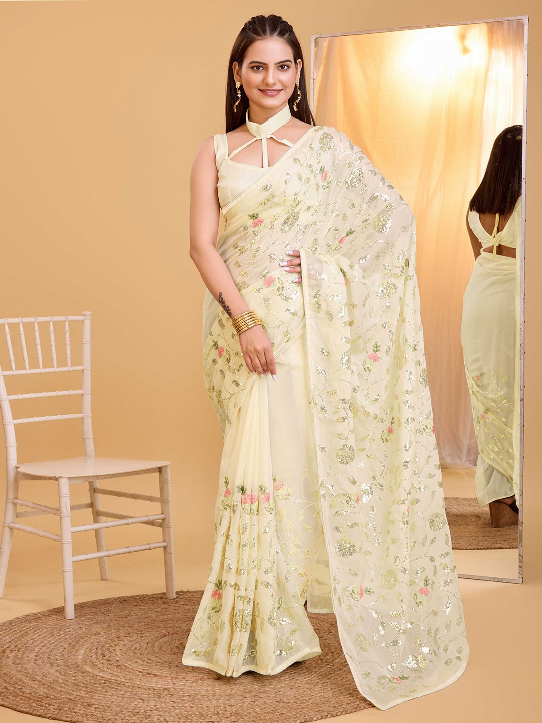 

HERE&NOW Floral Sequinned Organza Saree, Cream