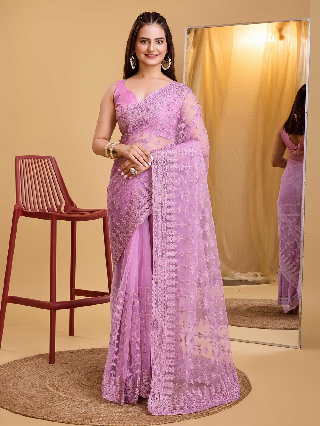 

HERE&NOW Floral Sequinned Net Saree, Purple