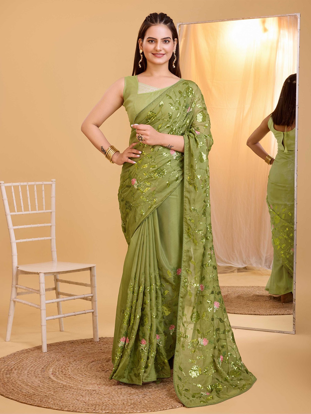 

HERE&NOW Floral Sequinned Organza Saree, Olive