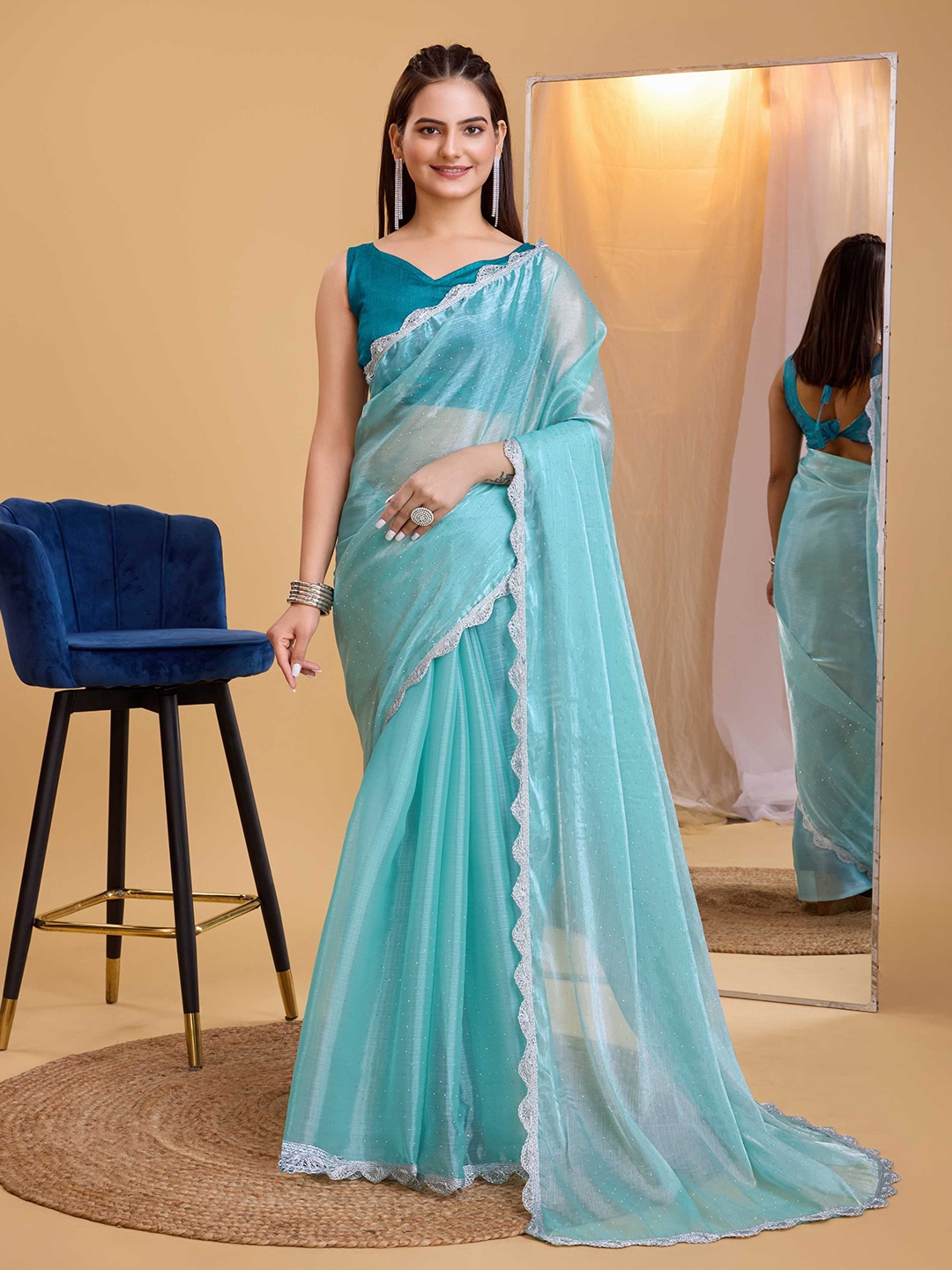 

HERE&NOW Burberry Silk Embroidery Saree, Turquoise blue