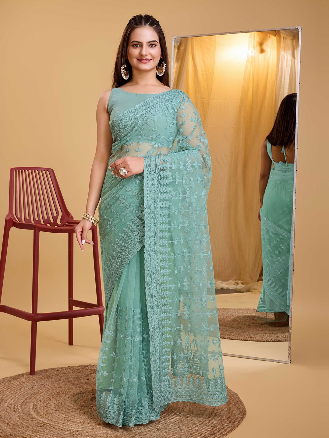 

HERE&NOW Floral Embroidered Net Saree, Turquoise blue