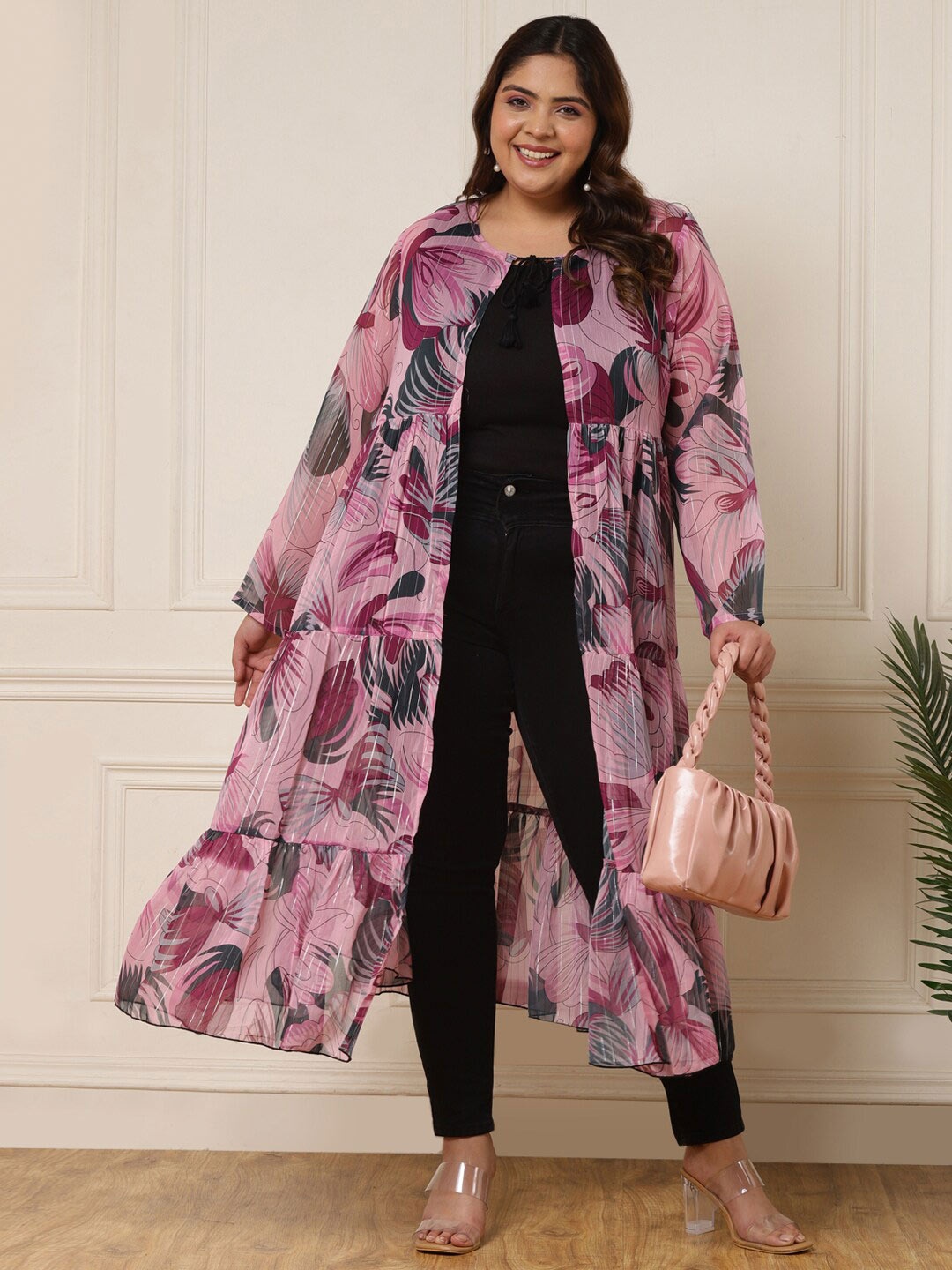

DEEBACO Women Printed Longline Tie-Up Shrug, Pink