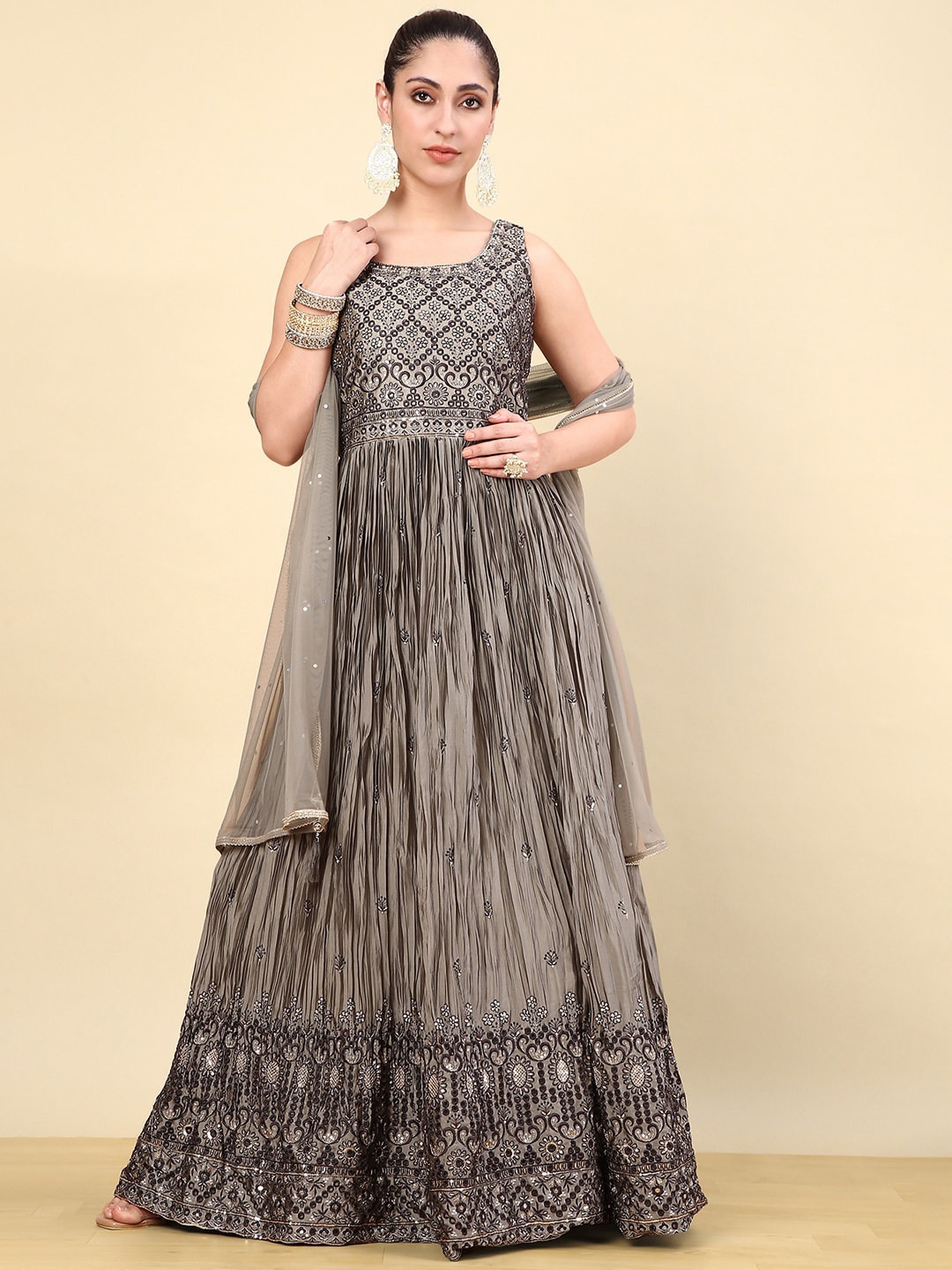 

Soch Women Floral Embroidered Pleated Sequinned Kurta with Churidar & With Dupatta, Grey