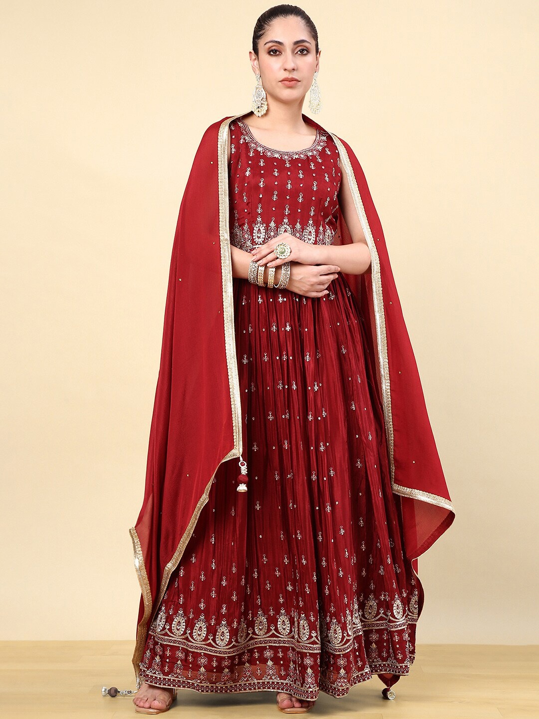 

Soch Women Floral Embroidered Pleated Sequinned Kurta with Churidar & With Dupatta, Maroon