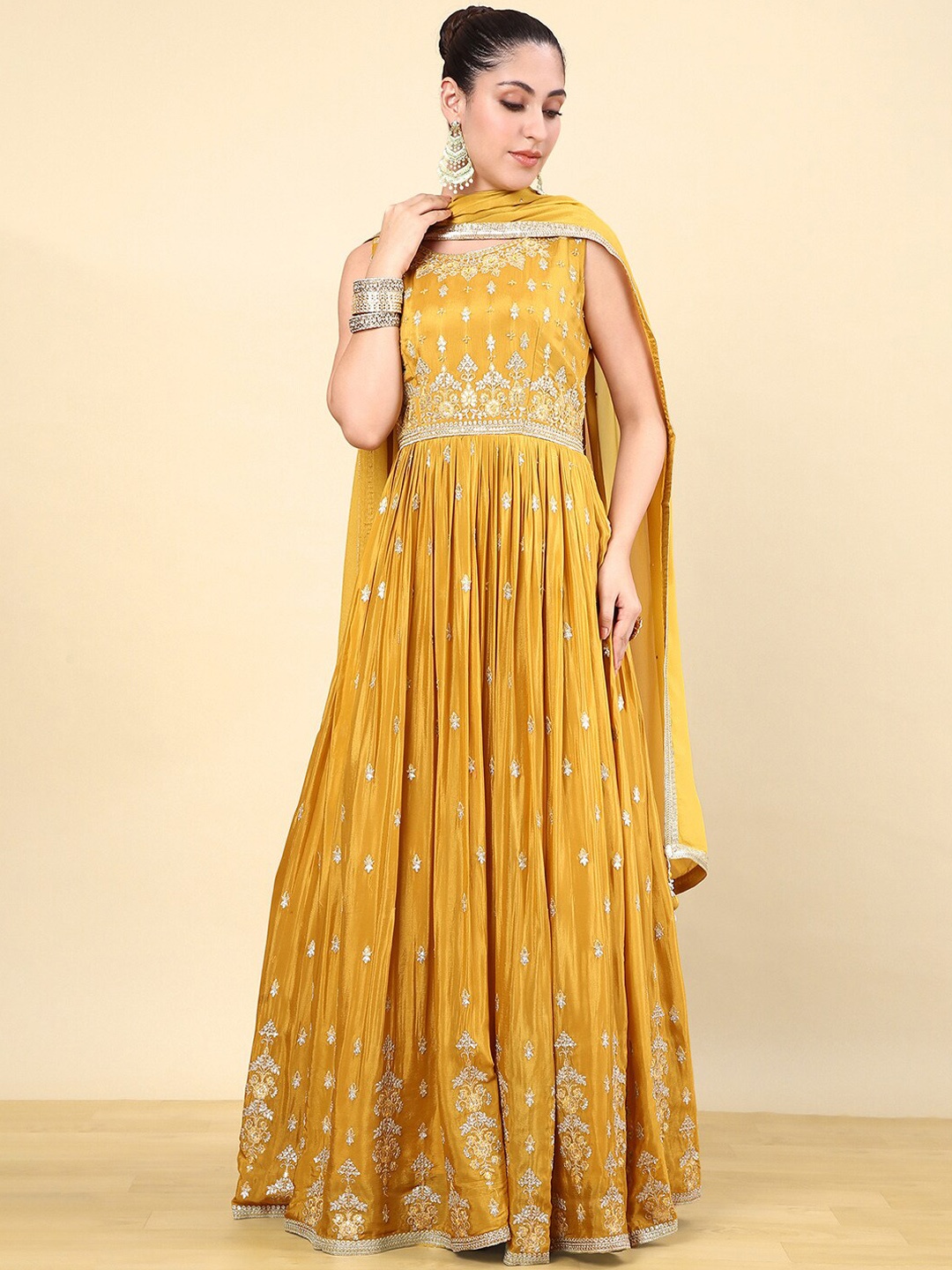 

Soch Women Floral Embroidered Pleated Sequinned Kurta with Churidar & With Dupatta, Mustard