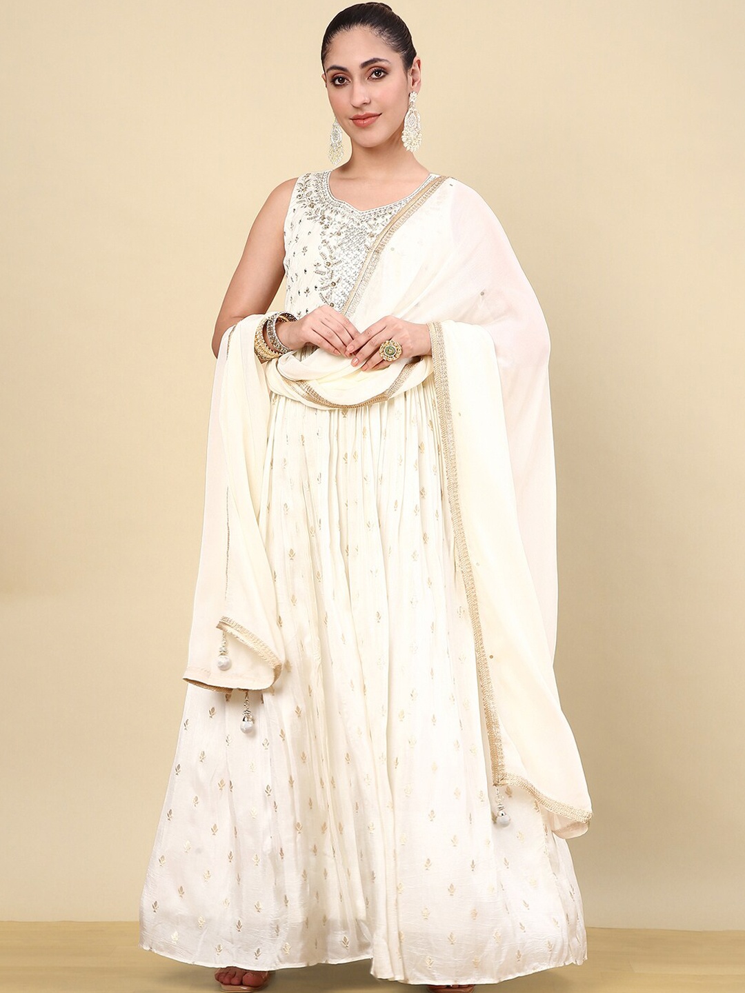 

Soch Women Floral Embroidered Pleated Sequinned Kurta with Churidar & With Dupatta, Off white