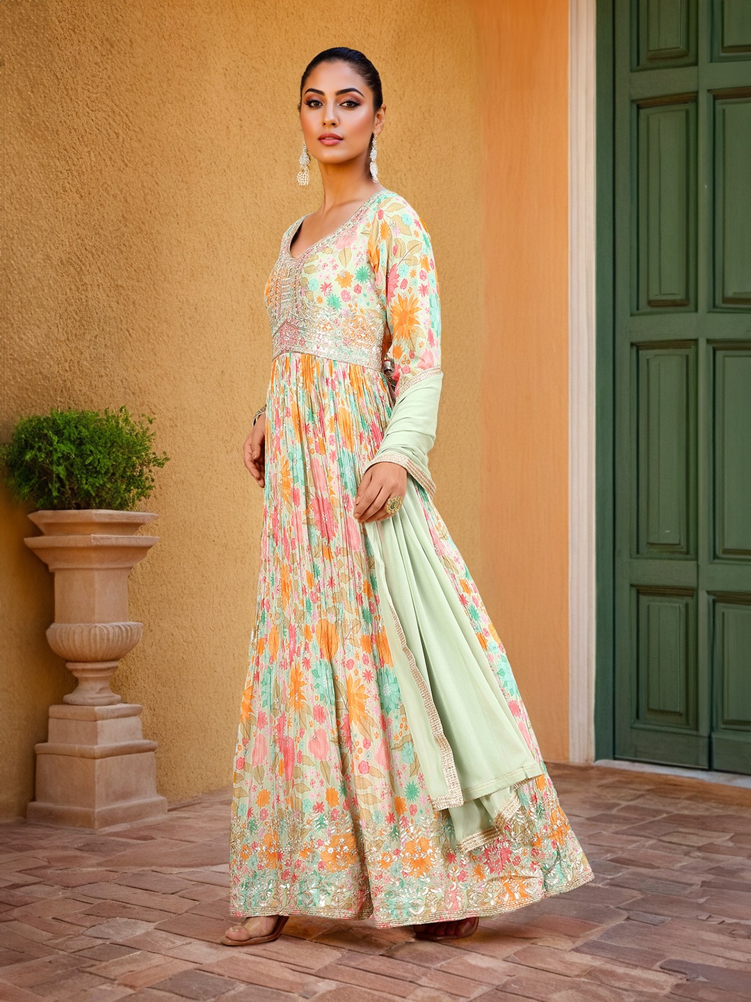 

Soch Women Floral Embroidered Pleated Sequinned Kurta with Churidar & With Dupatta, Green