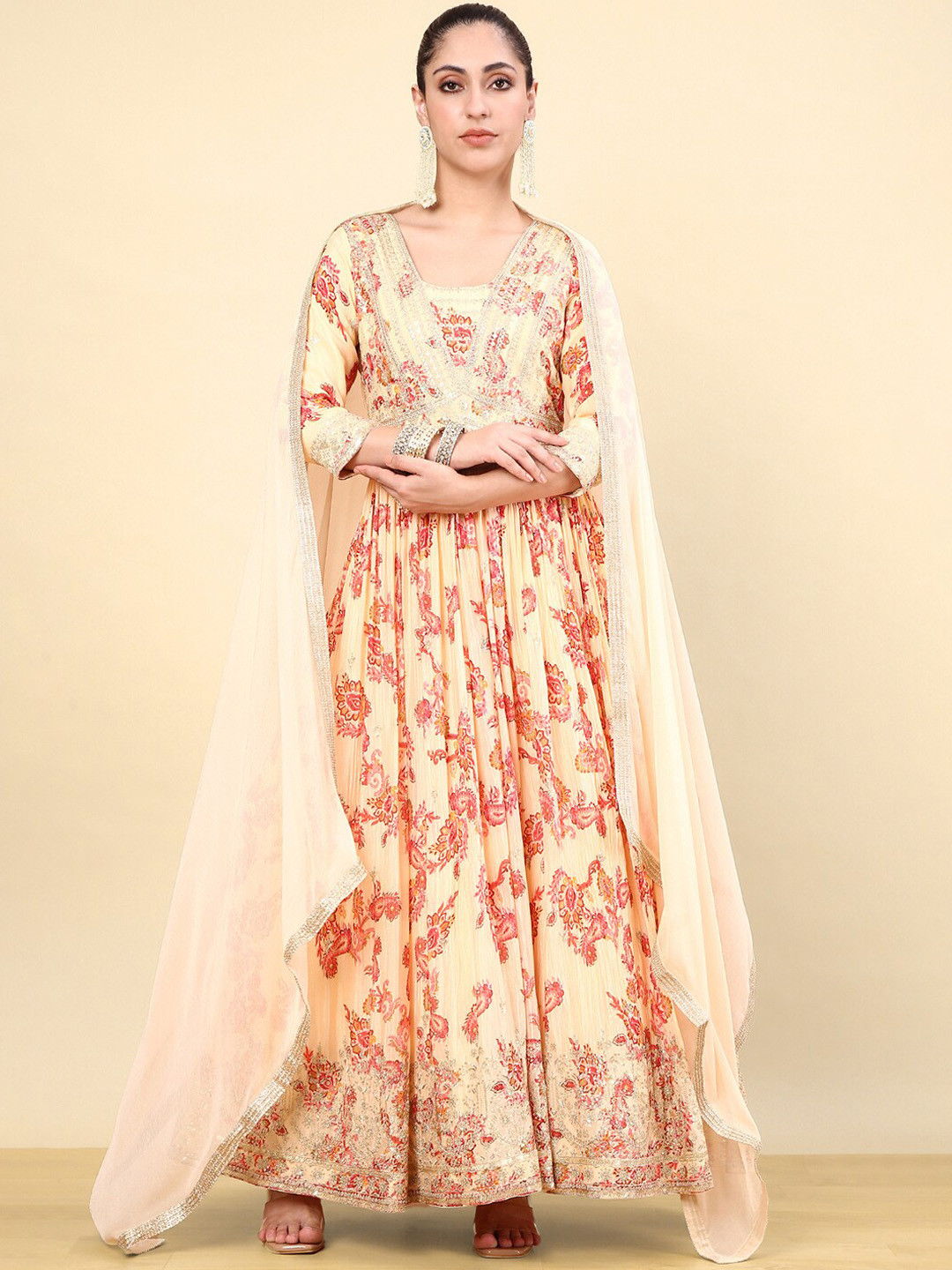 

Soch Women Floral Embroidered Pleated Sequinned Kurta with Churidar & With Dupatta, Beige