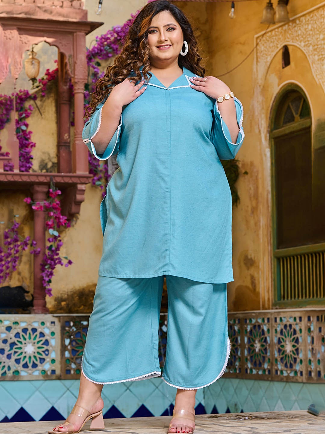 

PrettyPlus by Desinoor.com Straight Kurta with Palazzos, Blue