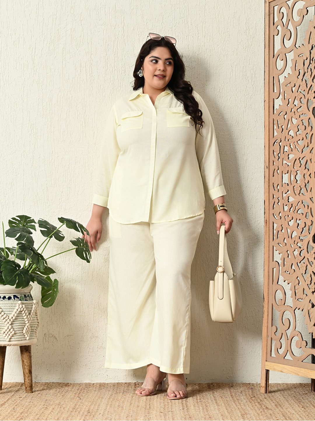 PrettyPlus by Desinoor.com Collar Neck Shirt & Mid-Rise Palazzo Co-Ords, Yellow