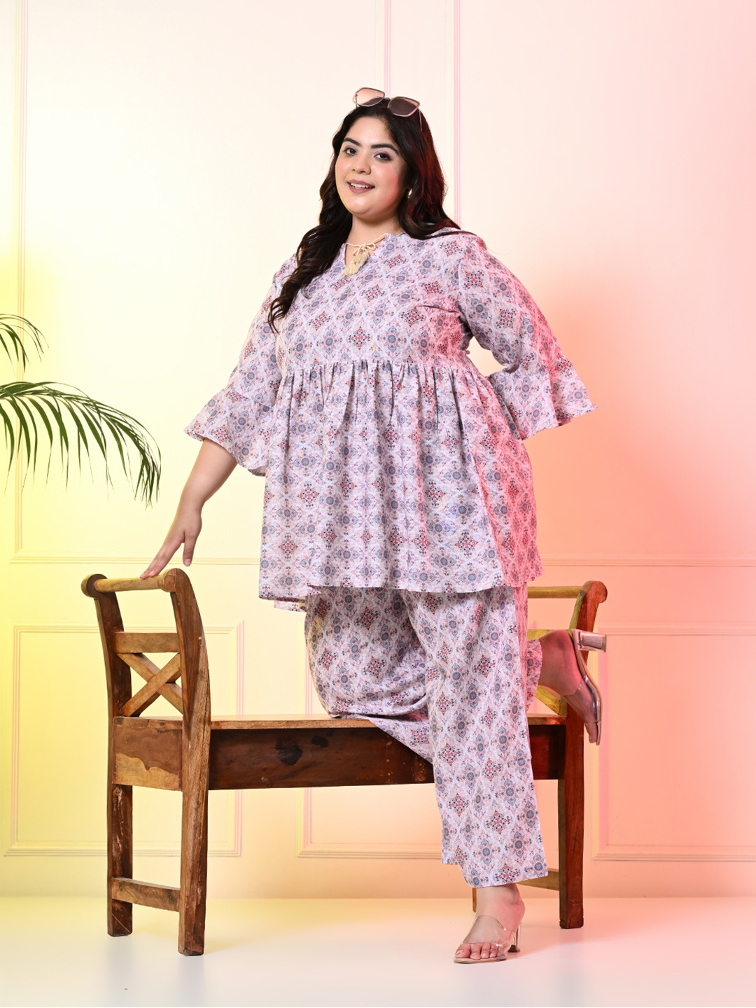 PrettyPlus by Desinoor.com Printed Boat Neck Tunic with Mid-Rise Palazzo Co-Ords, Beige