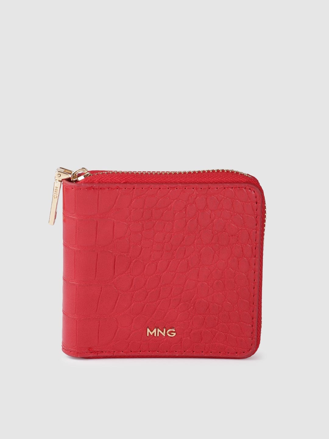 

MANGO Women Croc Textured PU Zip Around Wallet, Red