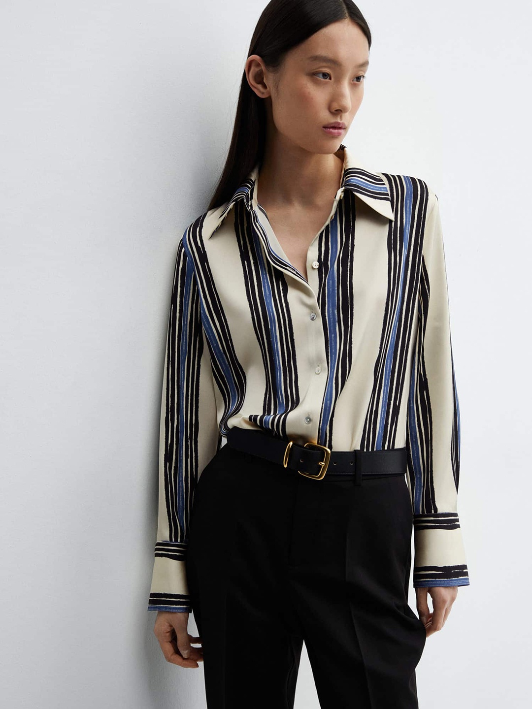 

MANGO Women Striped Satin Casual Shirt, Cream