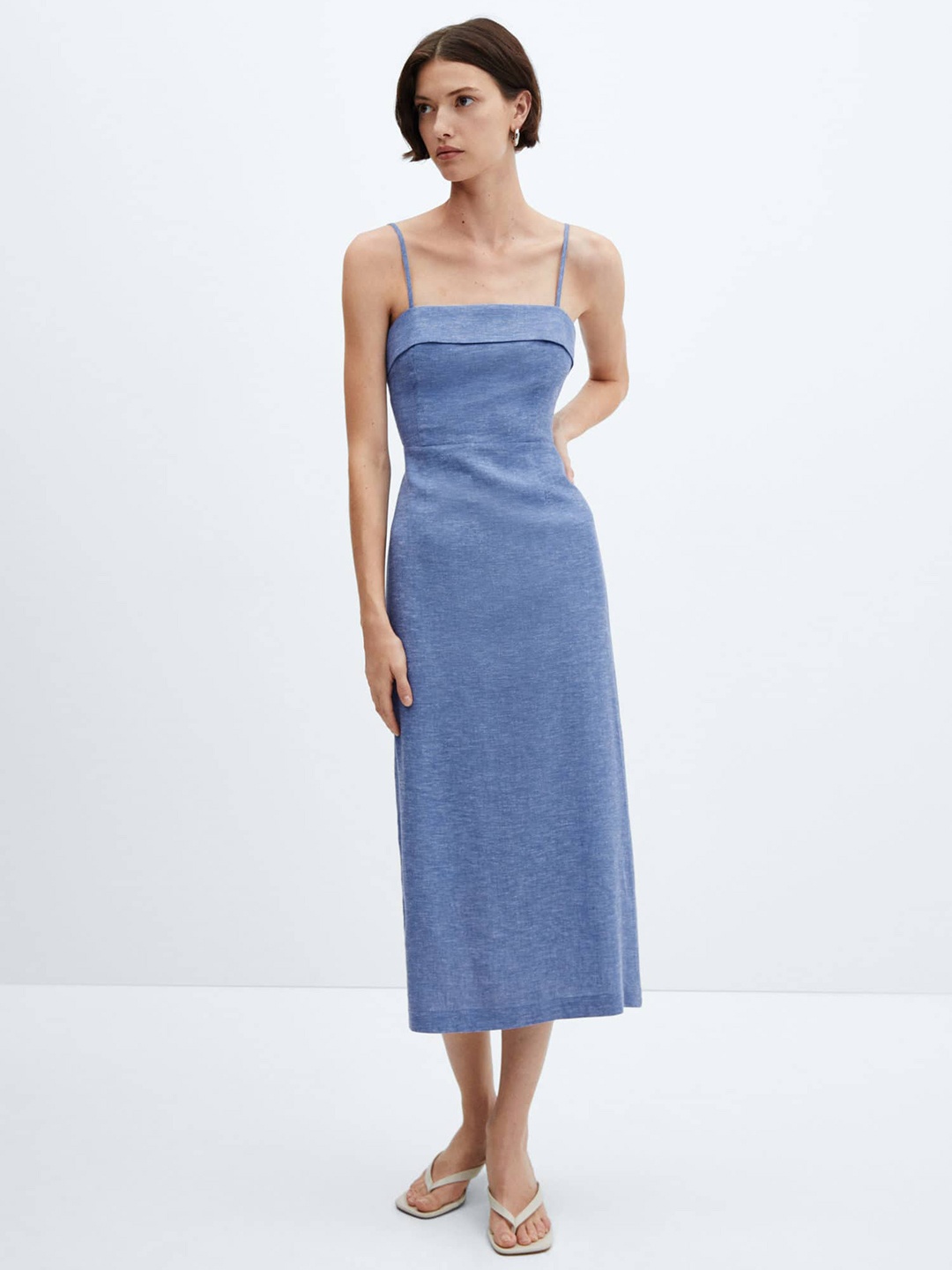 

MANGO Linen Blend A-Line Midi Dress, Blue