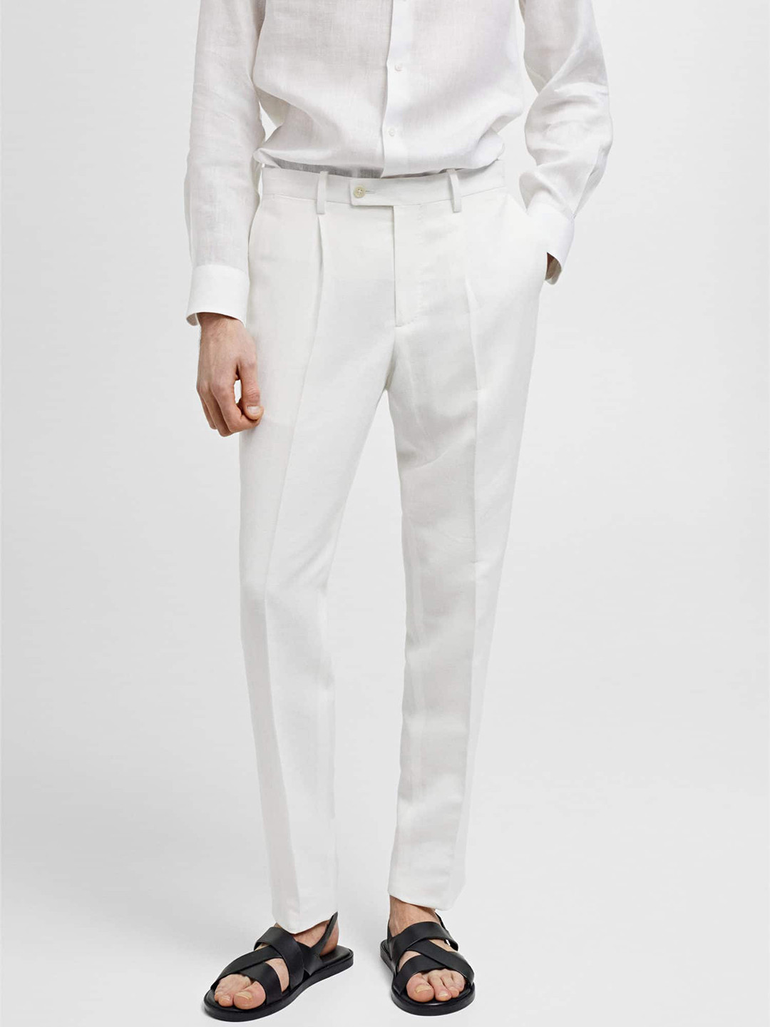 

MANGO MAN Men Linen-Cotton Slim Fit Pleated Trousers, White