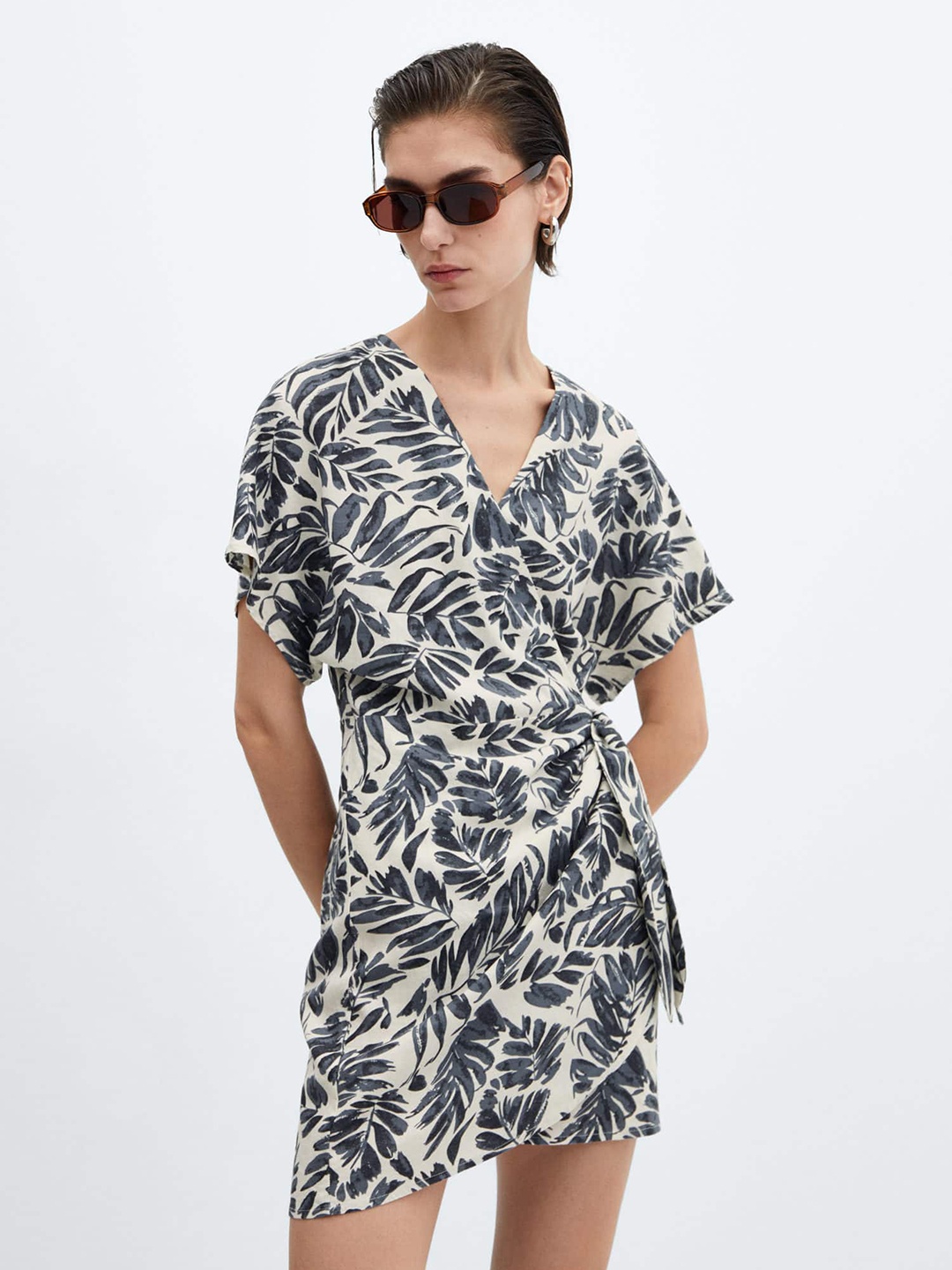 

MANGO Tropical Print Linen Blend Wrap Mini Dress, Navy blue