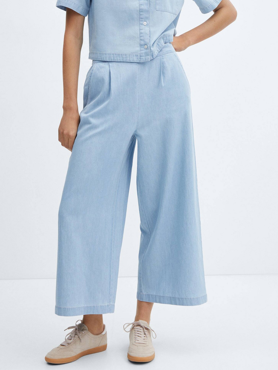 

MANGO Women Pure Cotton Flared Pleated Culottes Trousers, Blue