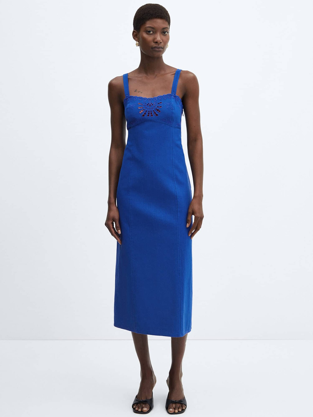 

MANGO Shoulder Straps Cotton Sheath Midi Dress, Blue